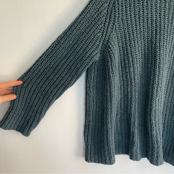 Eileen Fisher Chunky Knit Cotton Sweater Blue Ribbed Crew Neck Raglan Sleeve S P - Picture 8 of 13